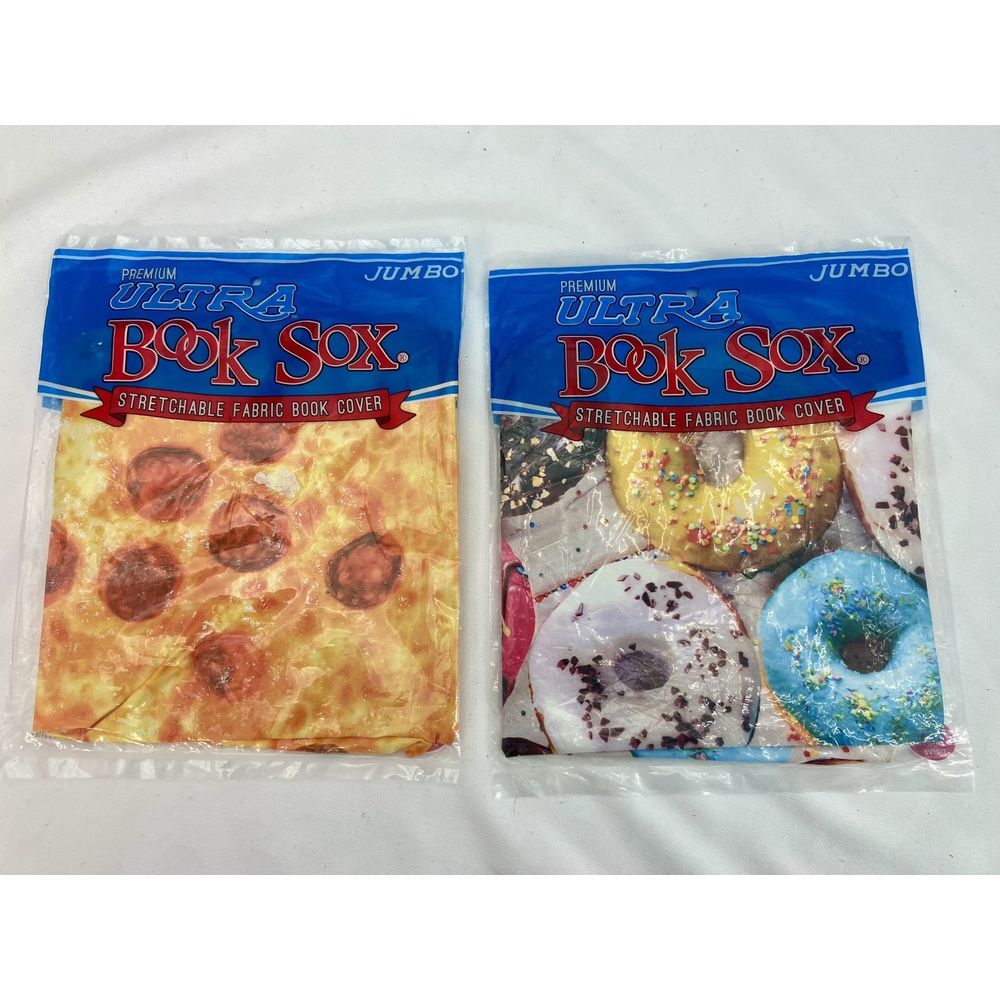 Lot of 2 Assorted Jumbo Book Sox Stretchable Fabric Book Covers Pizza Donuts VTG